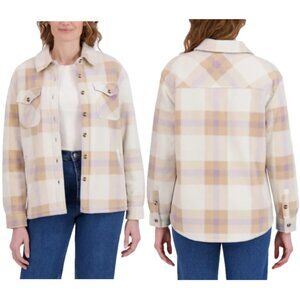NWT SAGE Women's Plaid Plush Fleece Shirt Jacket,  Tan (Tan and Purple)